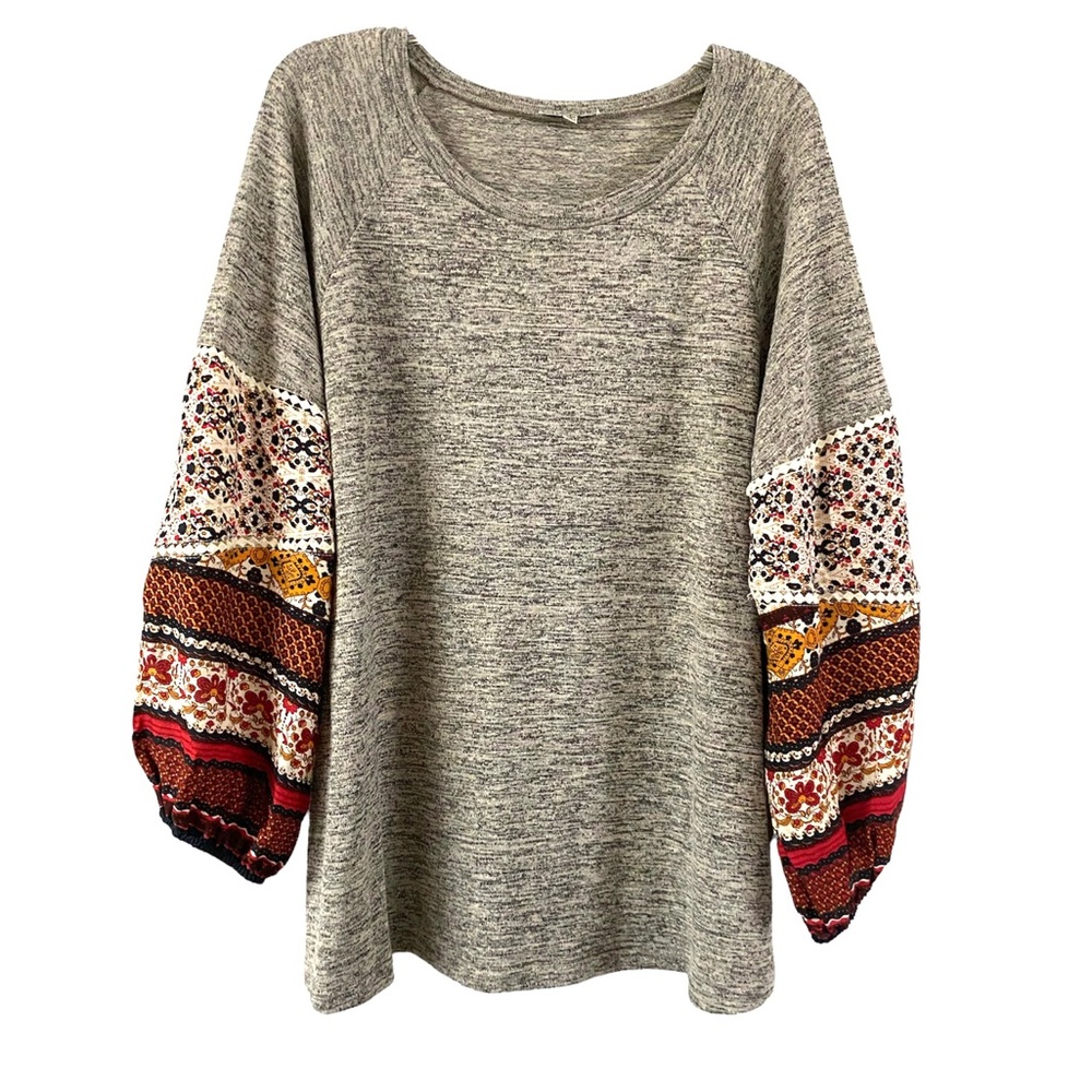 JODIFL Gray Tunic with Patterned Multicolor Balloon Sleeves
